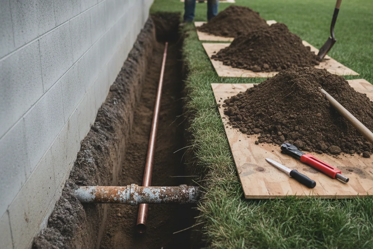 Excavated water line trench during Sewer Line Repair in Le Grand